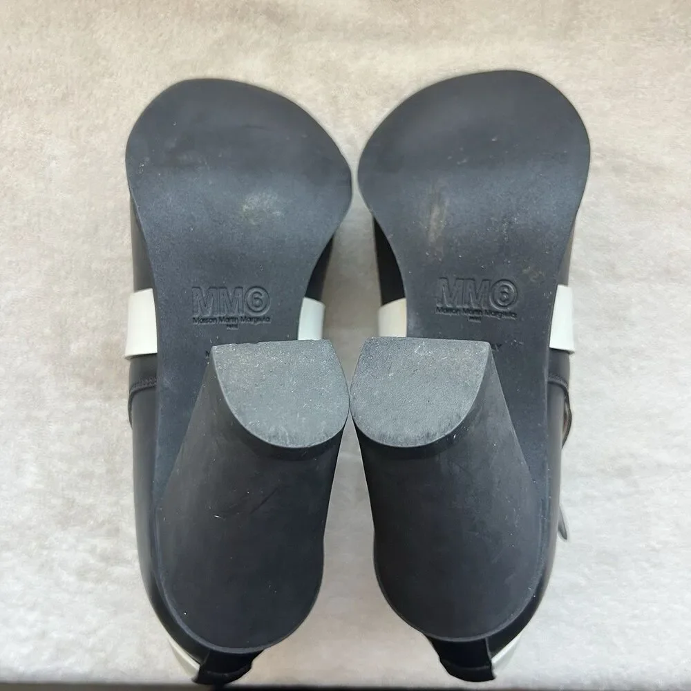 Maison Martin Margiela MM6 Black Leather w/ Cream Strap Ankle Booties EU 38 US 7